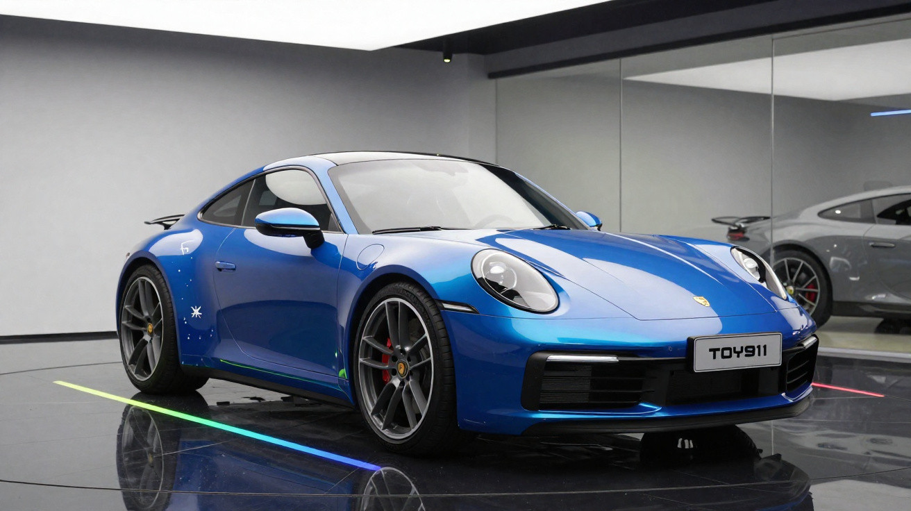 Carro esportivo azul Porsche 911 exibido em showroom moderno com piso espelhado e parede de vidro.
