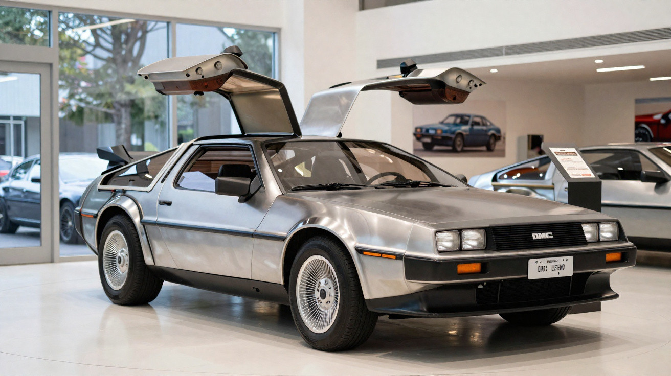 Carro DeLorean prateado com portas asas de gaivota aberto em exposição interna.