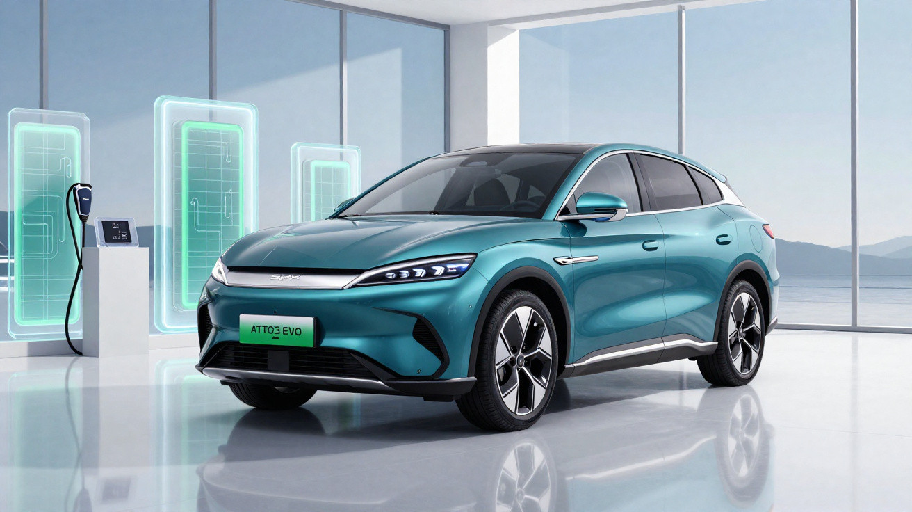 Carro elétrico azul estacionado em ambiente moderno com estação de recarga ao fundo.