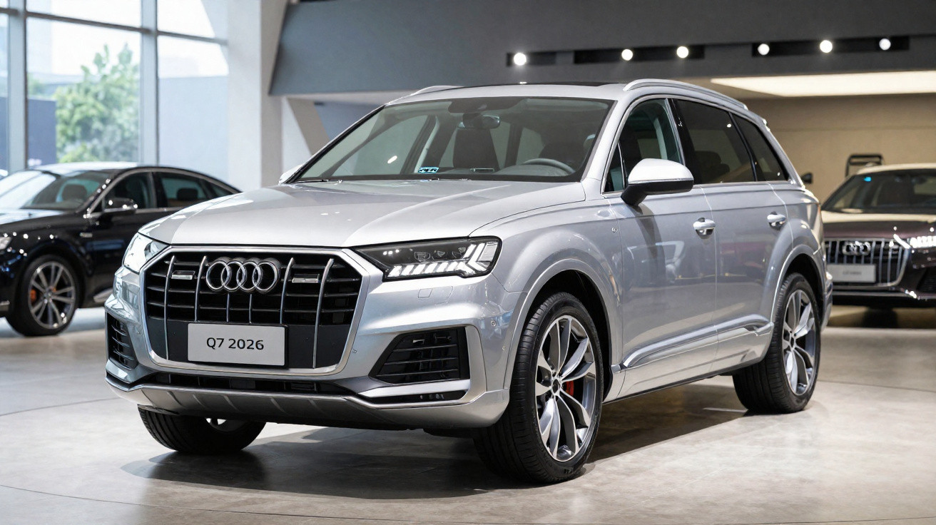 SUV Audi Q7 2026 prata exibido em showroom interno com iluminação ambiente.