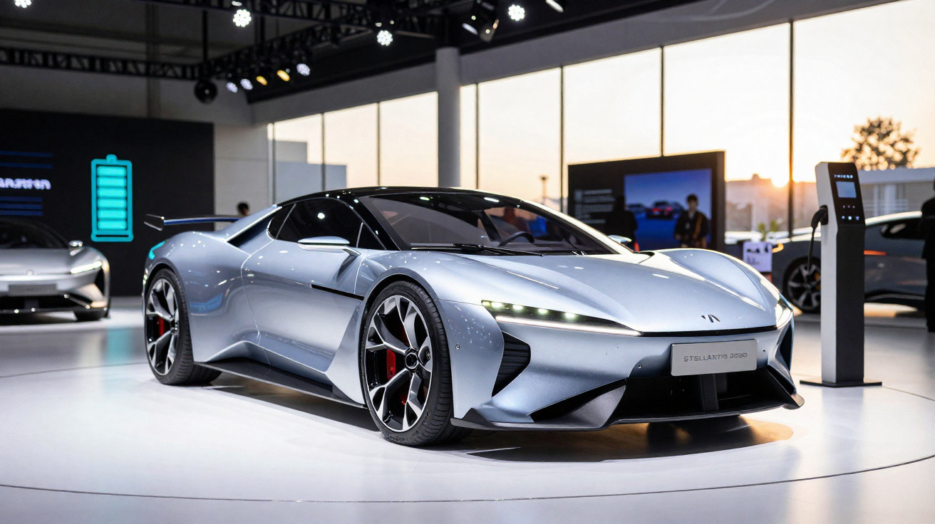 Carro esportivo elétrico prata exibido em salão moderno com carregador ao lado e iluminação ambiental.