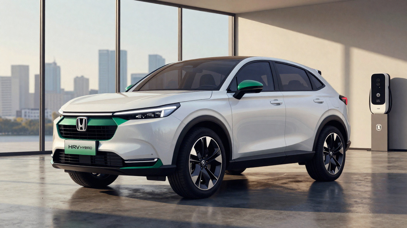 Carro Honda HR-V híbrido branco estacionado em garagem moderna com painel de carregamento elétrico.