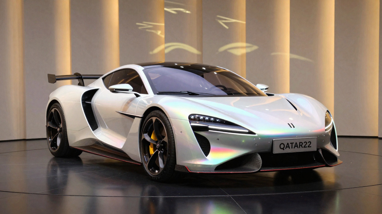 Carro esportivo branco com detalhes pretos e rodas amarelas em ambiente interno iluminado.