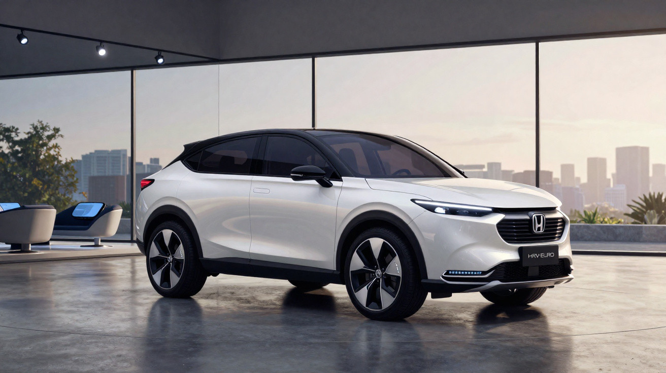Honda HR-V branco estacionado em ambiente moderno com janelas panorâmicas e vista da cidade ao fundo.