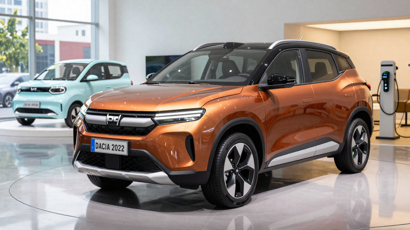 Carro SUV Dacia 2022 na cor laranja exposto em showroom com outro carro elétrico azul ao fundo.