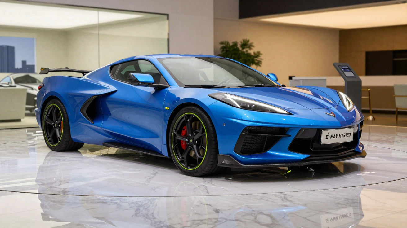 Carro esportivo azul E-Ray Hybrid em exposição interna sobre piso branco brilhante.