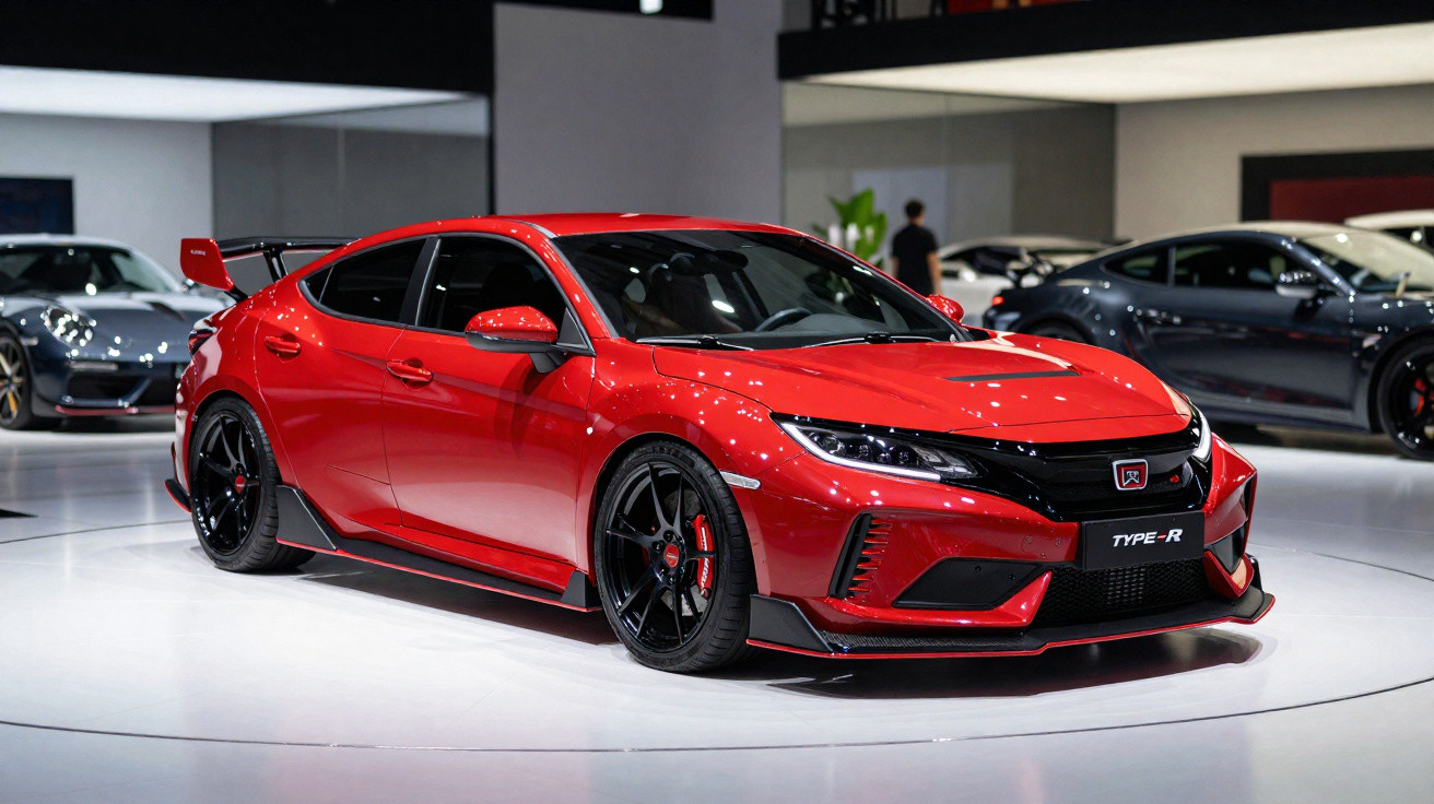 Carro esportivo vermelho Honda Civic Type R exposto em ambiente interno com outros veículos ao fundo.