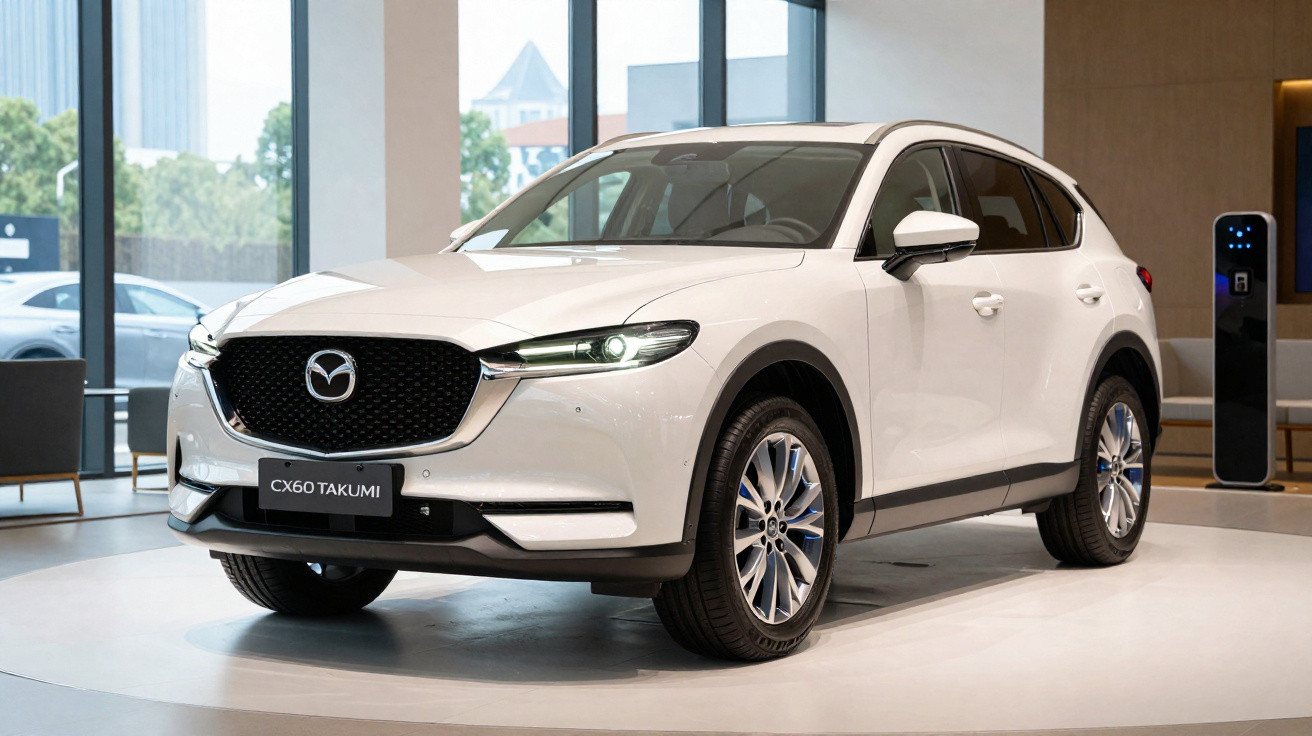 SUV branco Mazda CX-60 Takumi exposto em showroom moderno com grandes janelas.