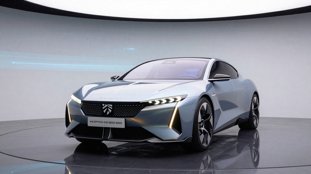 Carro esportivo elétrico cinza em ambiente moderno com luzes de LED e design futurista.