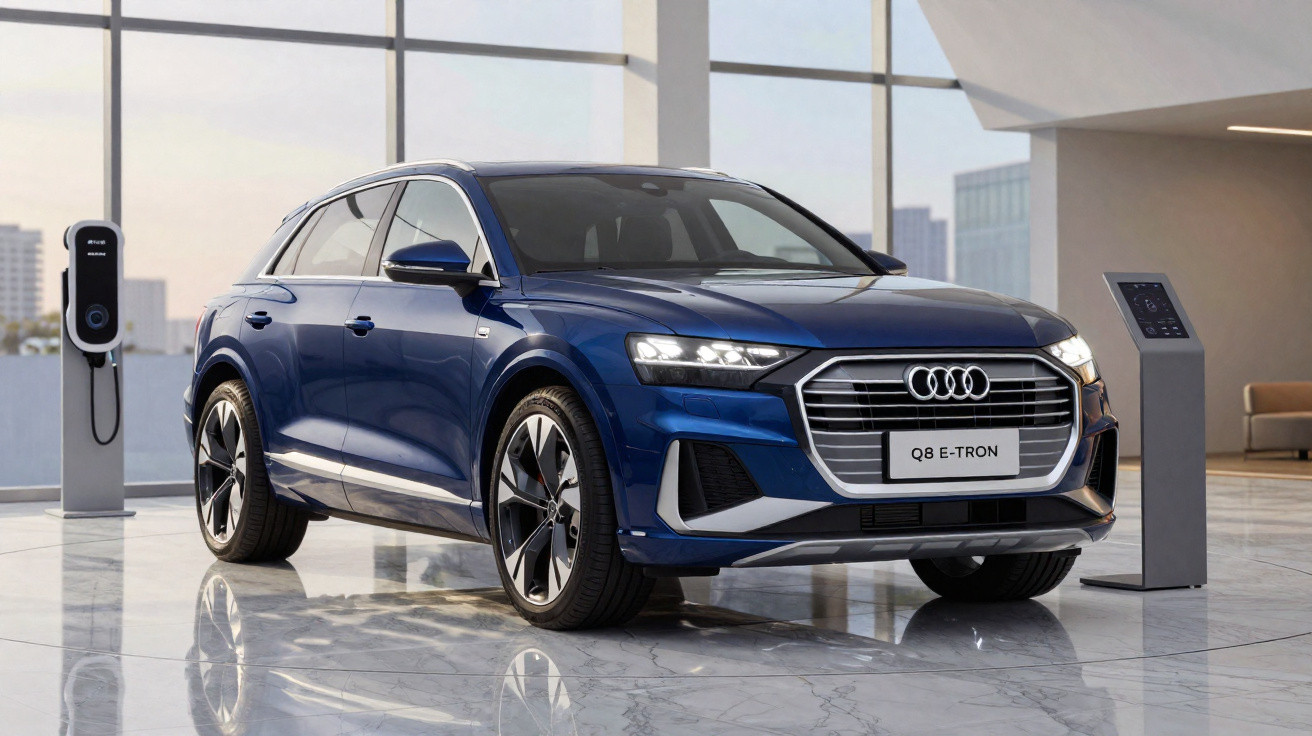 Audi Q8 E-Tron azul estacionado em showroom moderno com carregador elétrico ao lado.