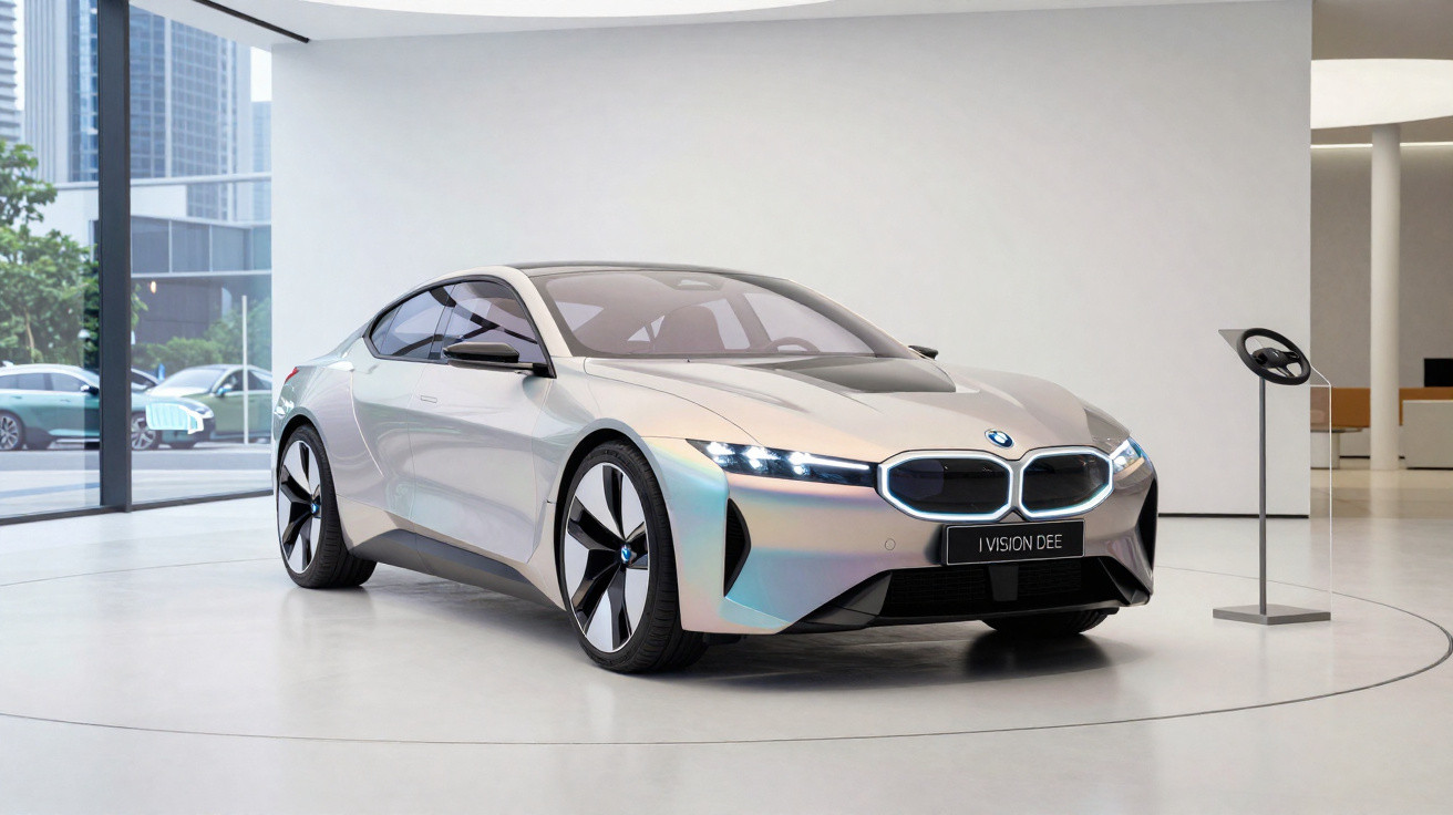Carro elétrico BMW Vision Dee prateado em exibição em ambiente interno moderno.