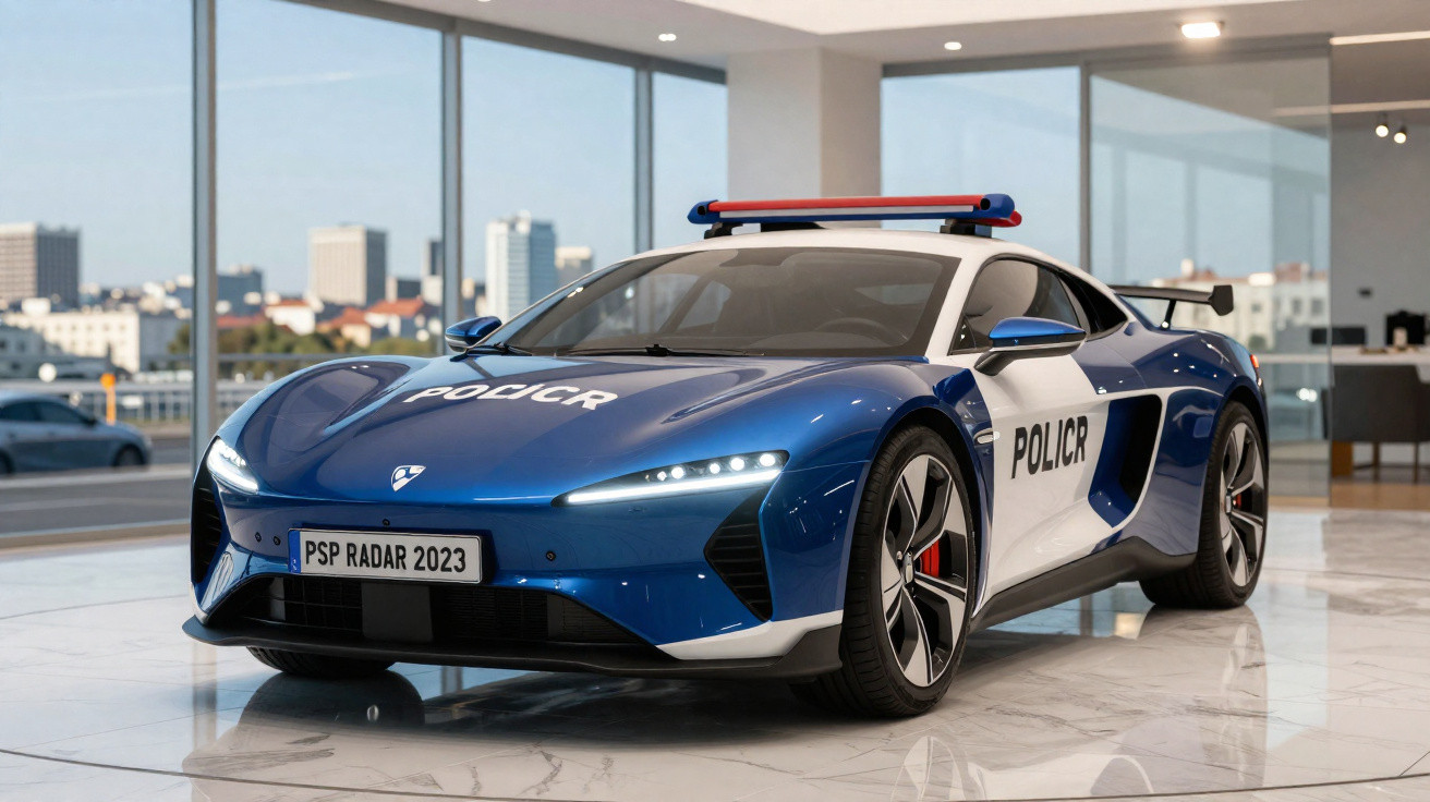 Carro policial esportivo azul e branco com luz de sirene no teto em ambiente interno moderno.