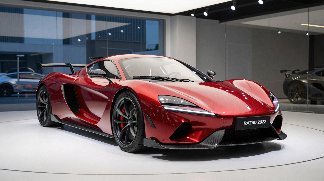 Carro esportivo vermelho brilhante modelo Razao 2022 em exposição em salão moderno e iluminado.