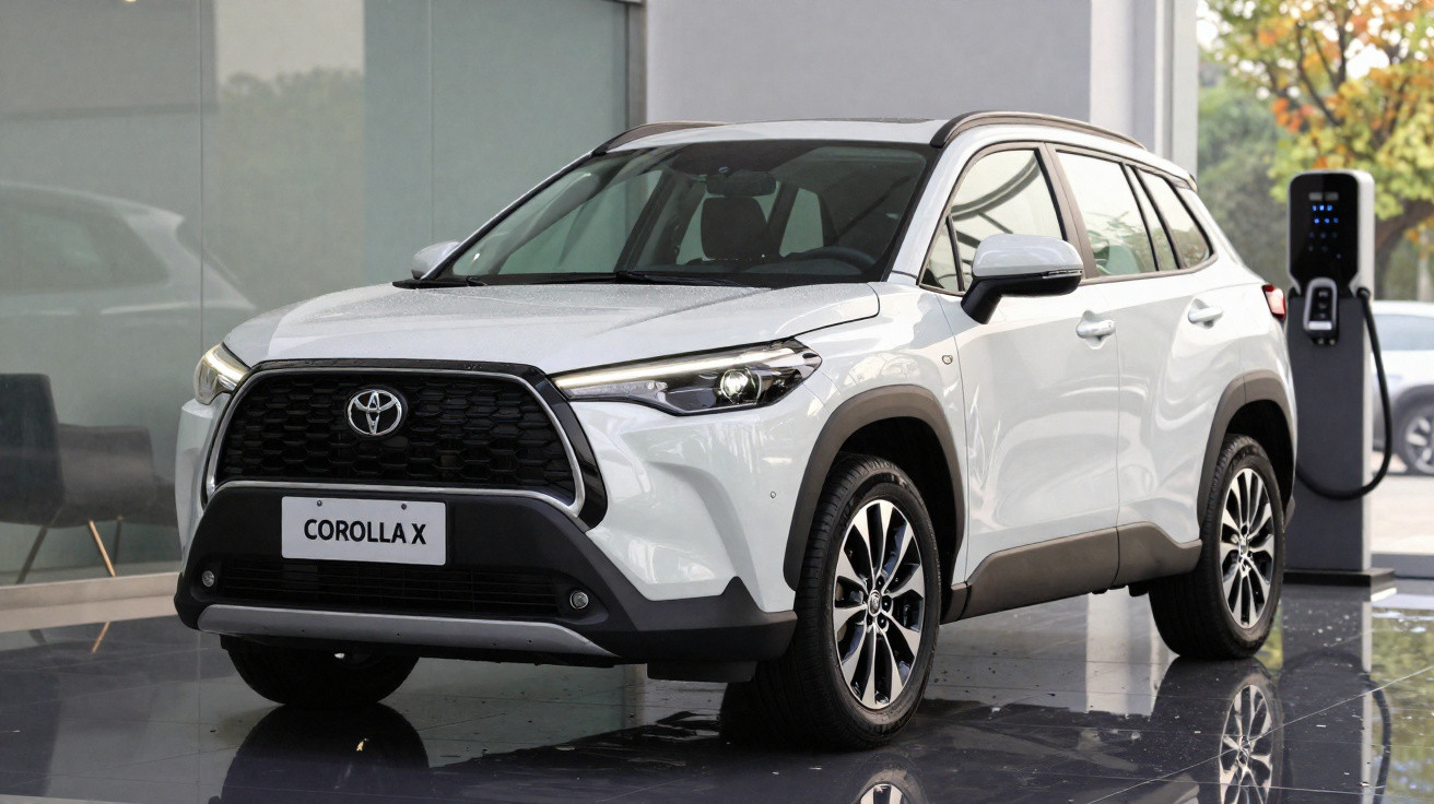 Toyota Corolla Cross branco estacionado próximo a uma estação de recarga elétrica em ambiente interno.