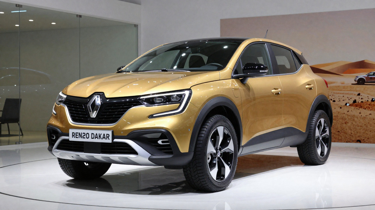 Carro Renault dourado modelo Dakar exposto em salão automotivo com fundo claro e piso branco.