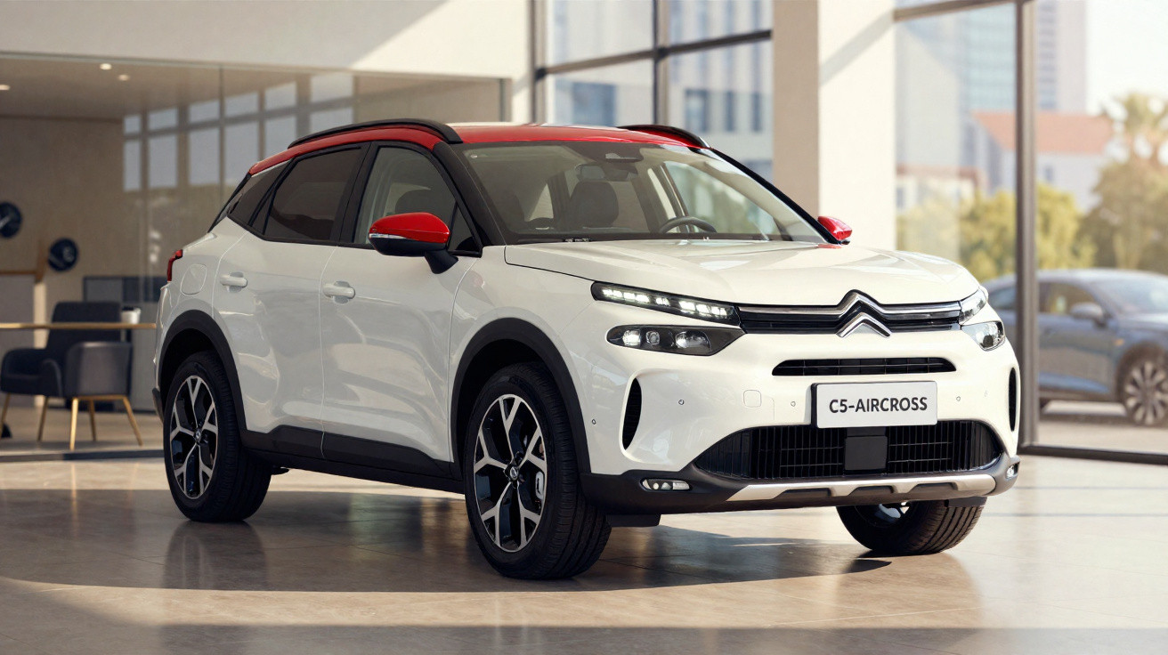 Carro Citroën C5 Aircross branco com teto vermelho exibido em showroom moderno.