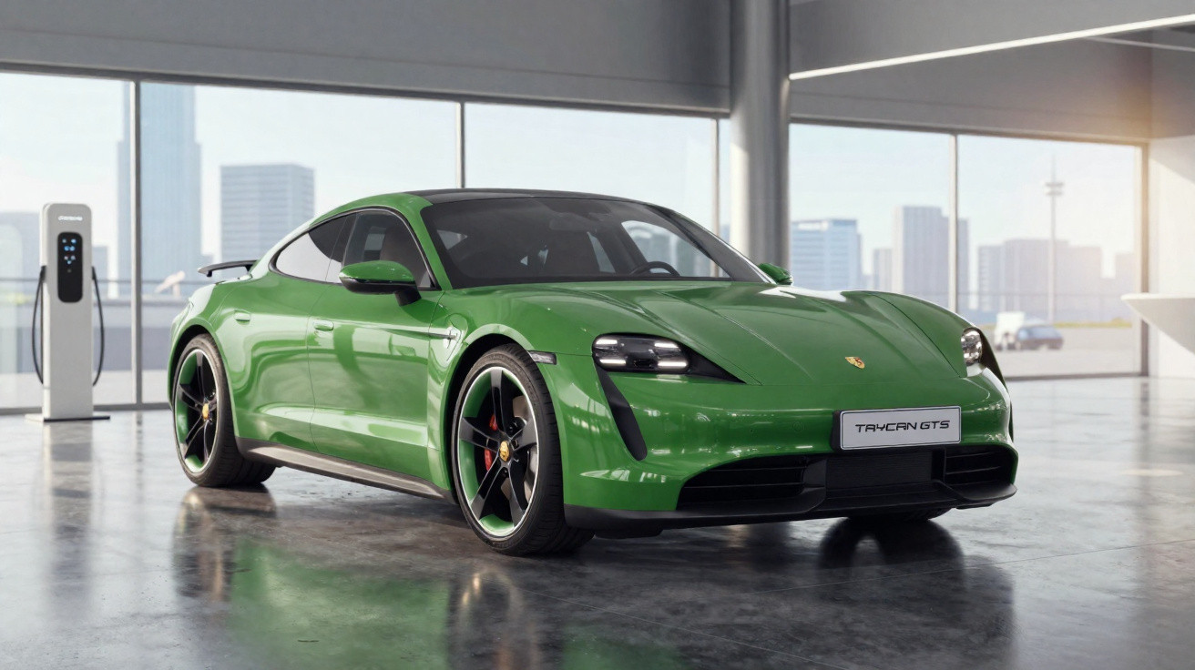 Carro esportivo elétrico Porsche Taycan GTS verde em ambiente interno moderno com estação de carregamento.