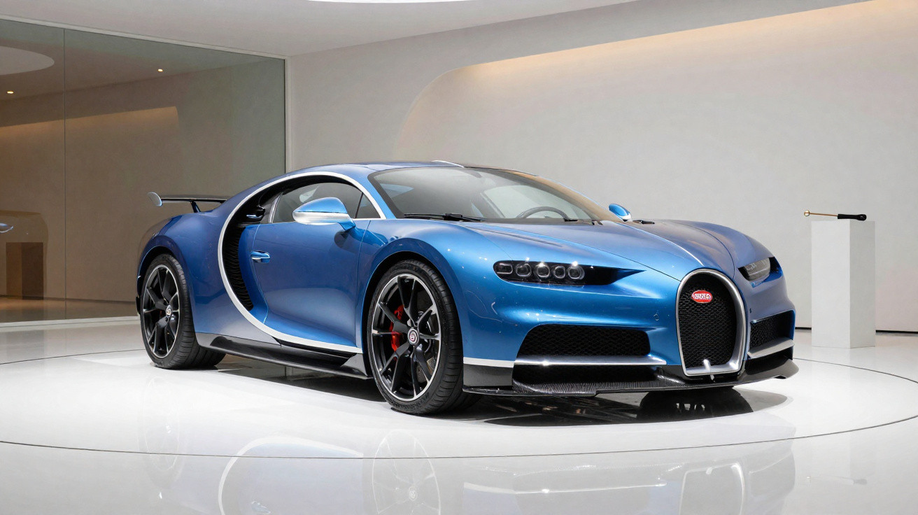 Carro esportivo azul Bugatti Chiron exibido em ambiente moderno e minimalista.