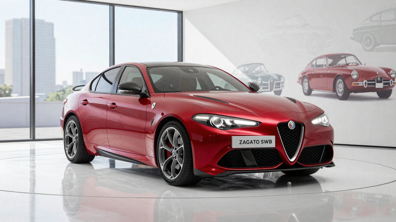 Carro esportivo Alfa Romeo vermelho modelo Zagato SWB em ambiente interno com janelas grandes e iluminação natural.