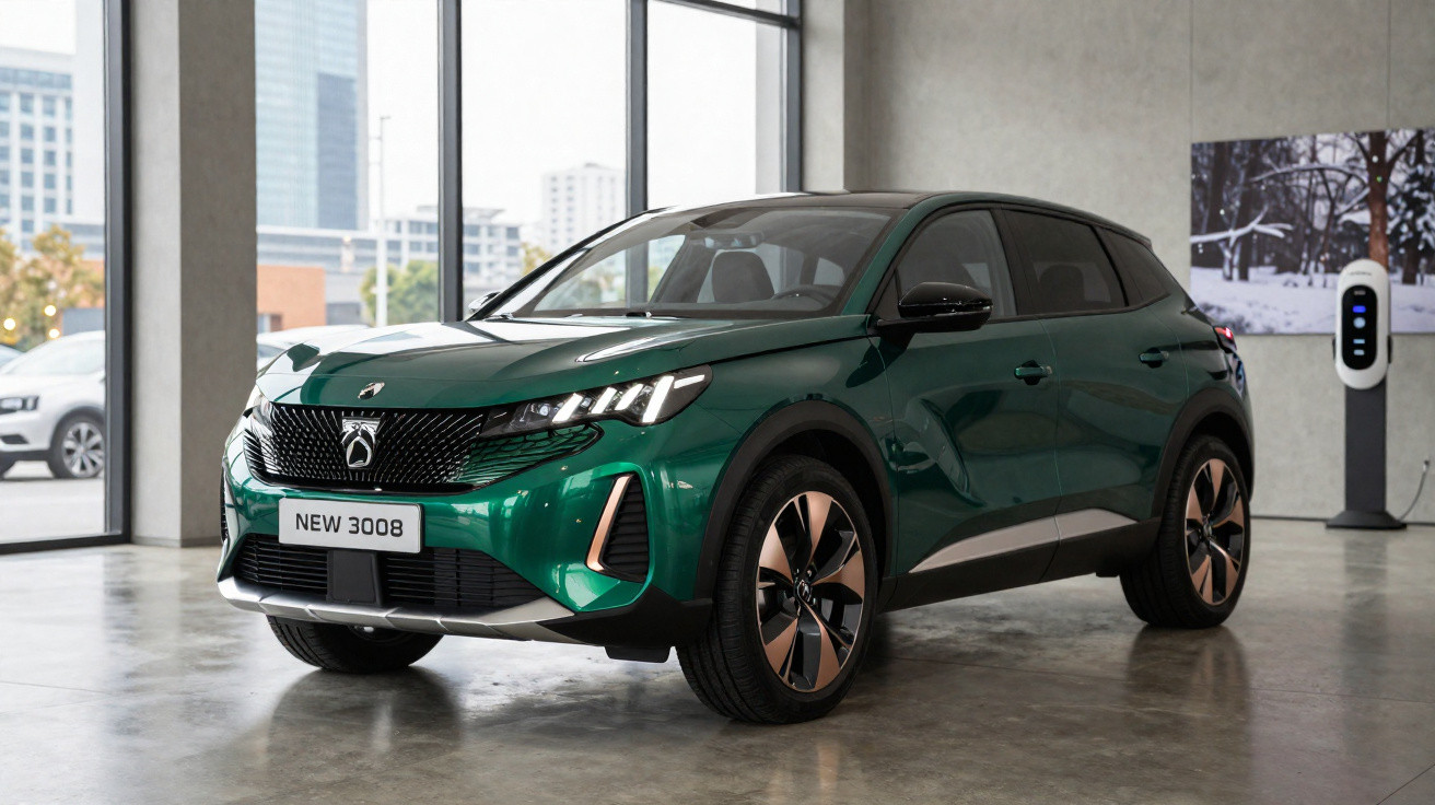 Carro SUV verde metálico Peugeot 3008 novo estacionado em sala com piso de concreto e grandes janelas.
