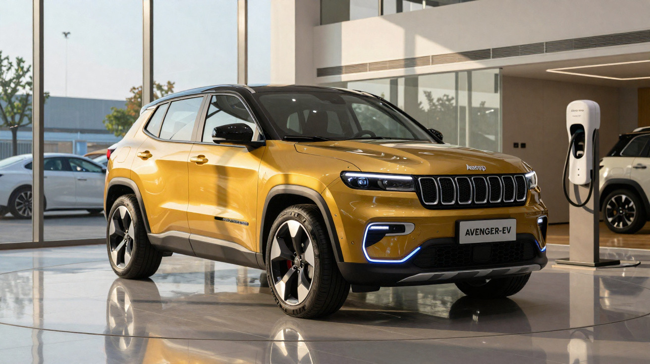 Carro elétrico Jeep Avenger EV amarelo exibido em showroom moderno, próximo a estação de recarga.