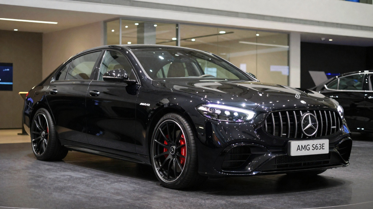 Carro esportivo preto Mercedes-Benz AMG S63E exposto em salão automotivo moderno.