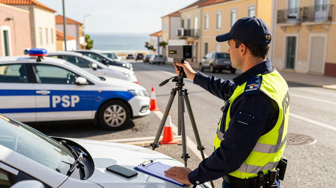 Policial de trânsito usando radar para controlar velocidade de veículos em rua urbana durante dia claro.