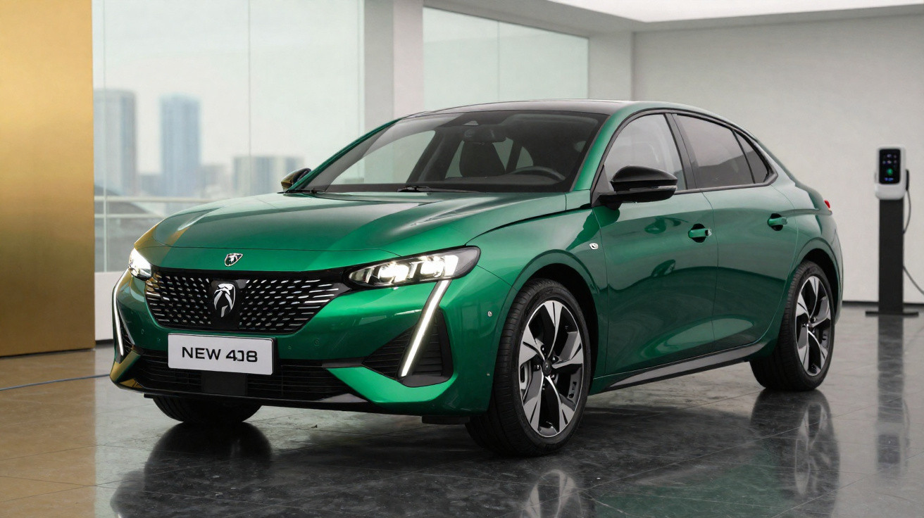 Carro verde esportivo Peugeot 408 estacionado em garagem moderna com carregador elétrico ao fundo.