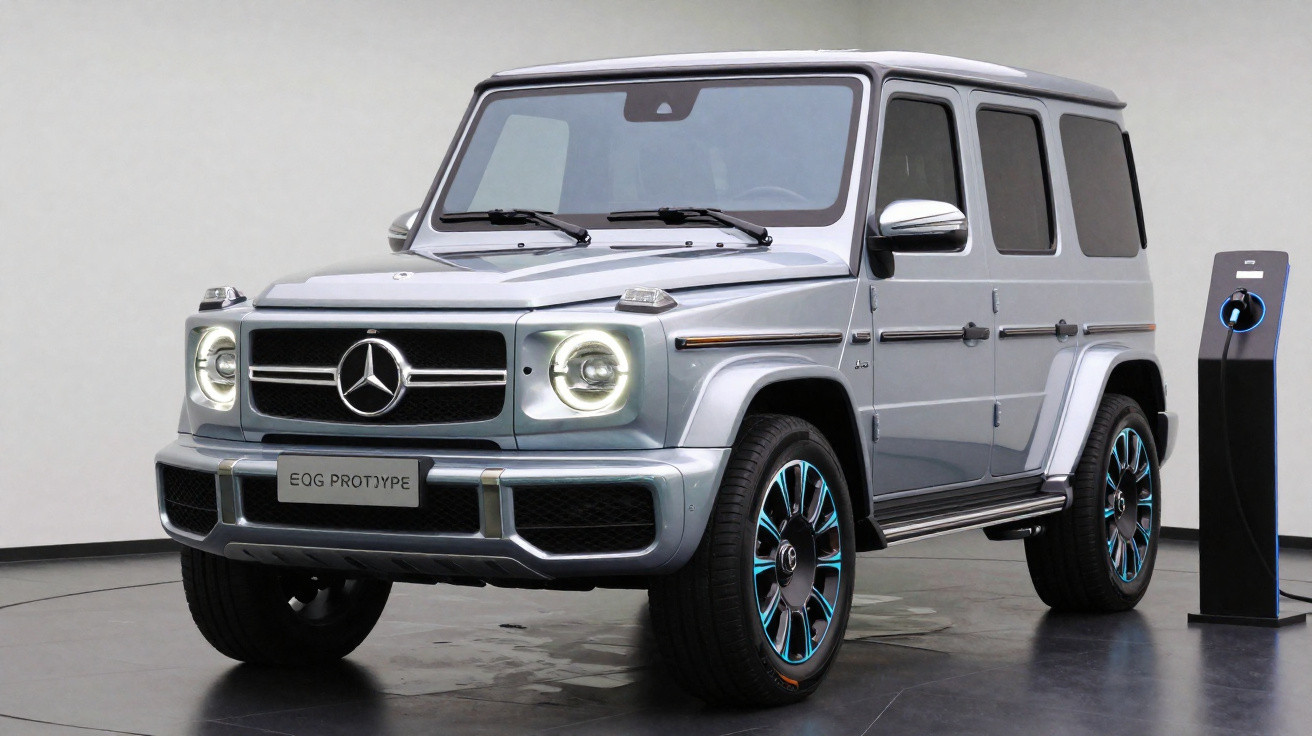 SUV elétrico prata Mercedes-Benz EQG parado próximo a um carregador em ambiente interno.