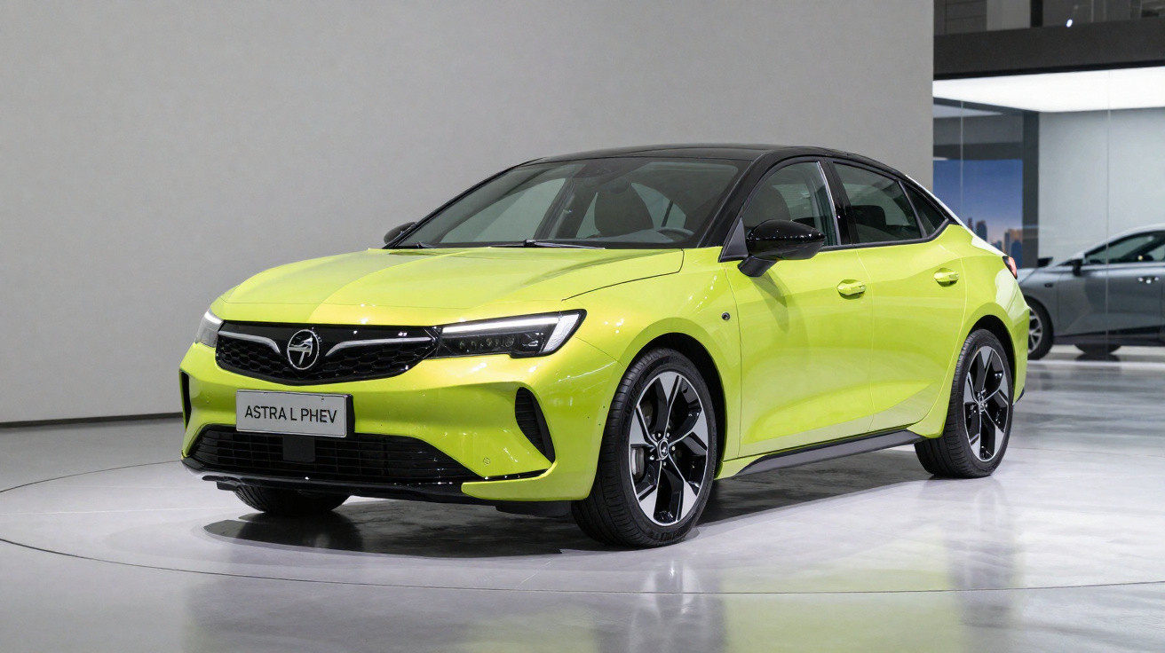 Carro elétrico compacto Opel Astra L PHEV amarelo em exposição em ambiente moderno e iluminado.