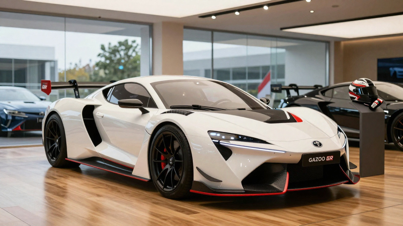 Carro esportivo branco Gazoo GR em showroom com detalhes em preto e vermelho e capacete de corrida ao lado.