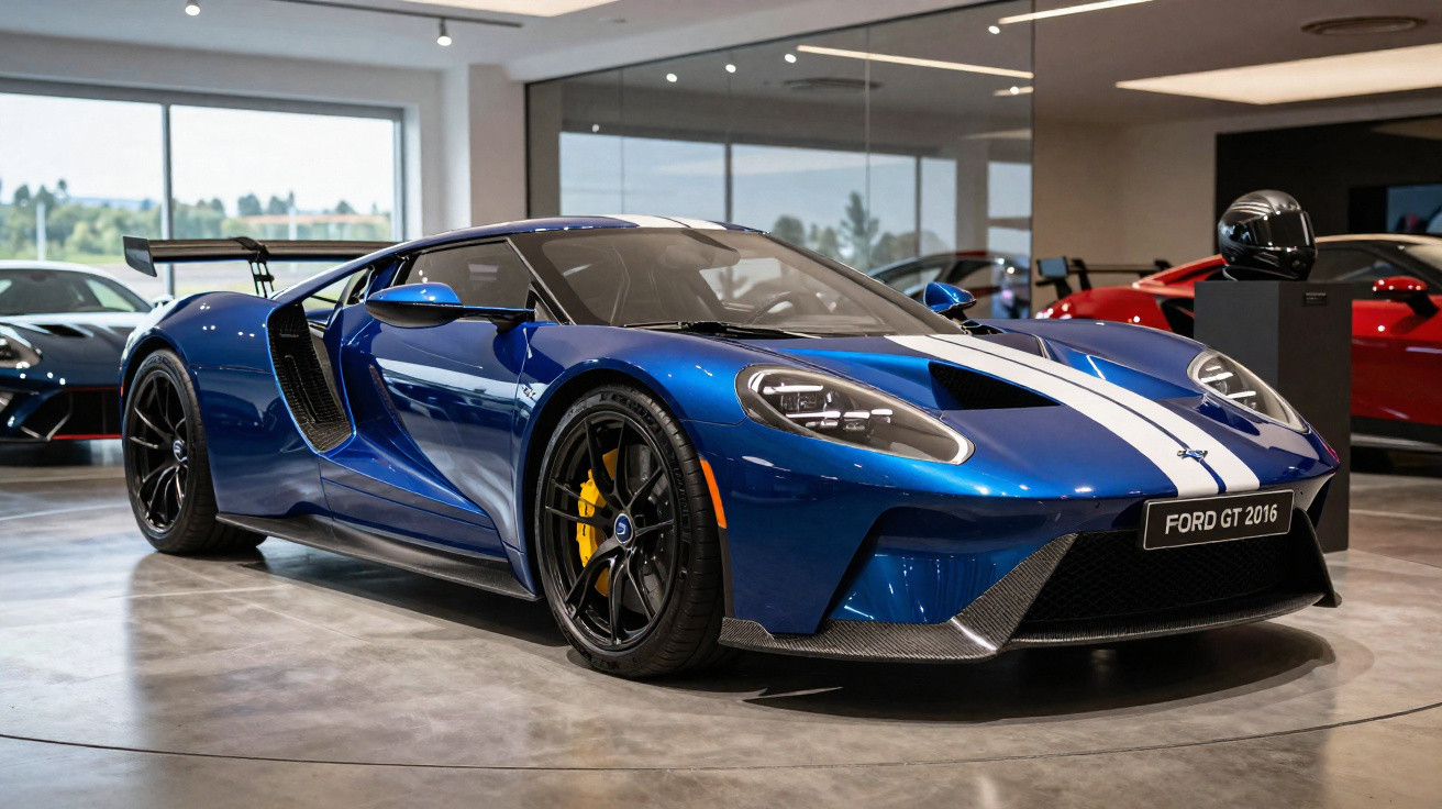 Carro esportivo Ford GT 2016 azul com faixa branca em exposição interna.