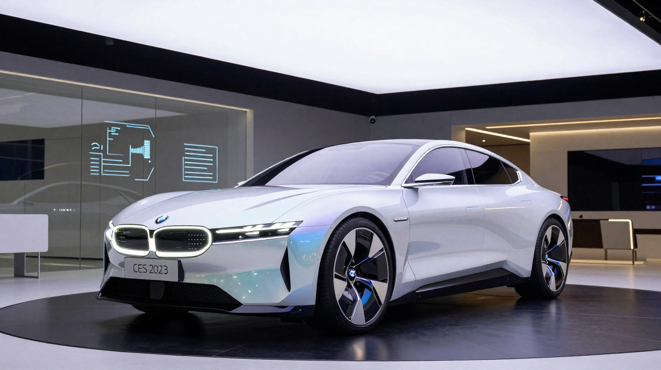 Carro elétrico BMW conceito branco exibido em plataforma rotativa na CES 2023.