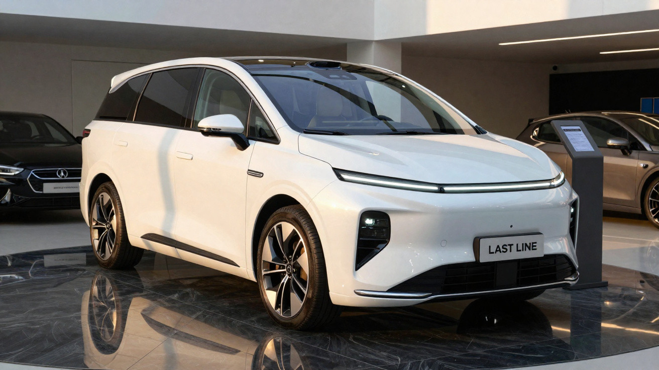 Carro elétrico branco moderno exibido em piso de mármore dentro de show room.