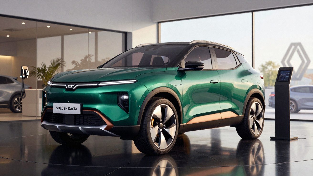 Carro SUV elétrico verde metálico Golden Dacia exposto em showroom moderno com teto branco e piso refletivo.