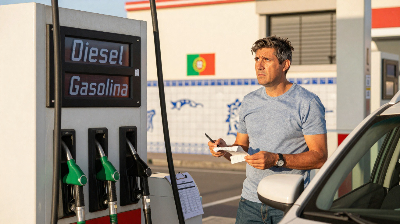 Homem segurando nota e caneta próximo a bomba de gasolina em posto com bandeira de Portugal ao fundo.