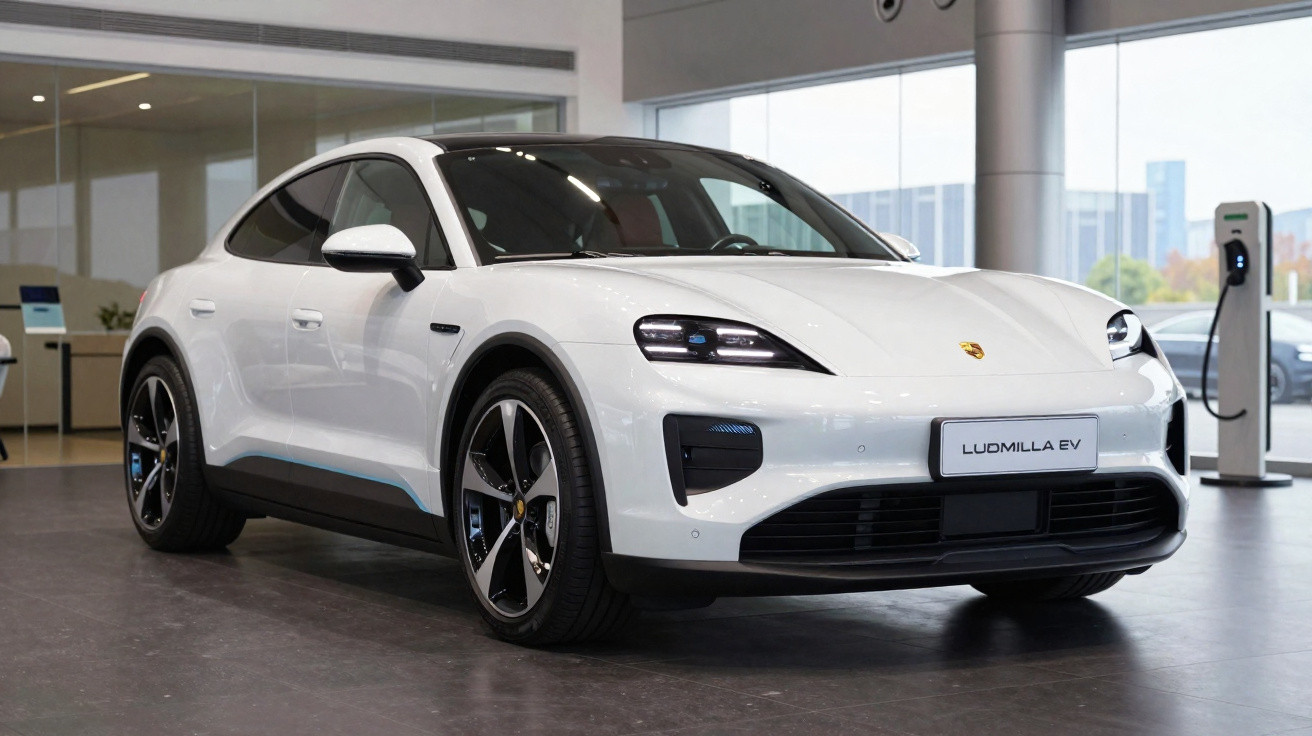 Carro elétrico Porsche Taycan branco estacionado em showroom moderno com carregador ao fundo.