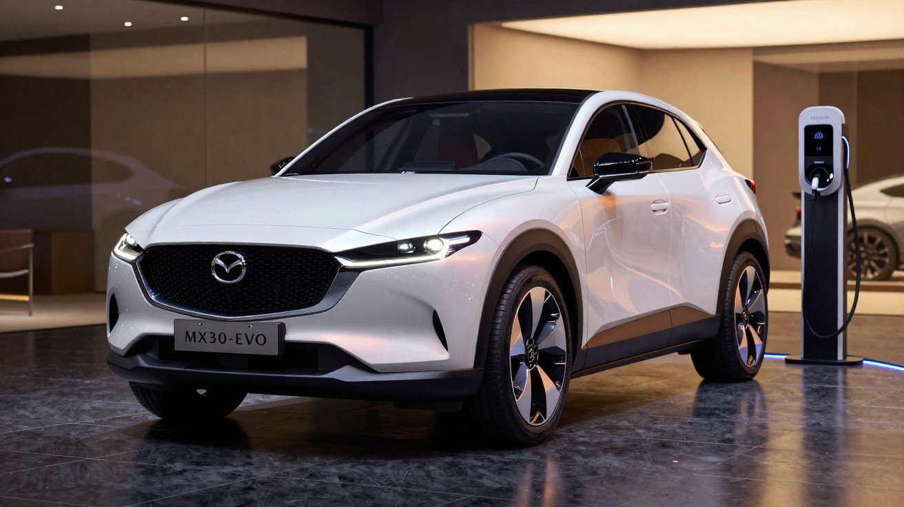Carro elétrico branco Mazda MX30-EVO conectado a carregador em ambiente interno moderno.