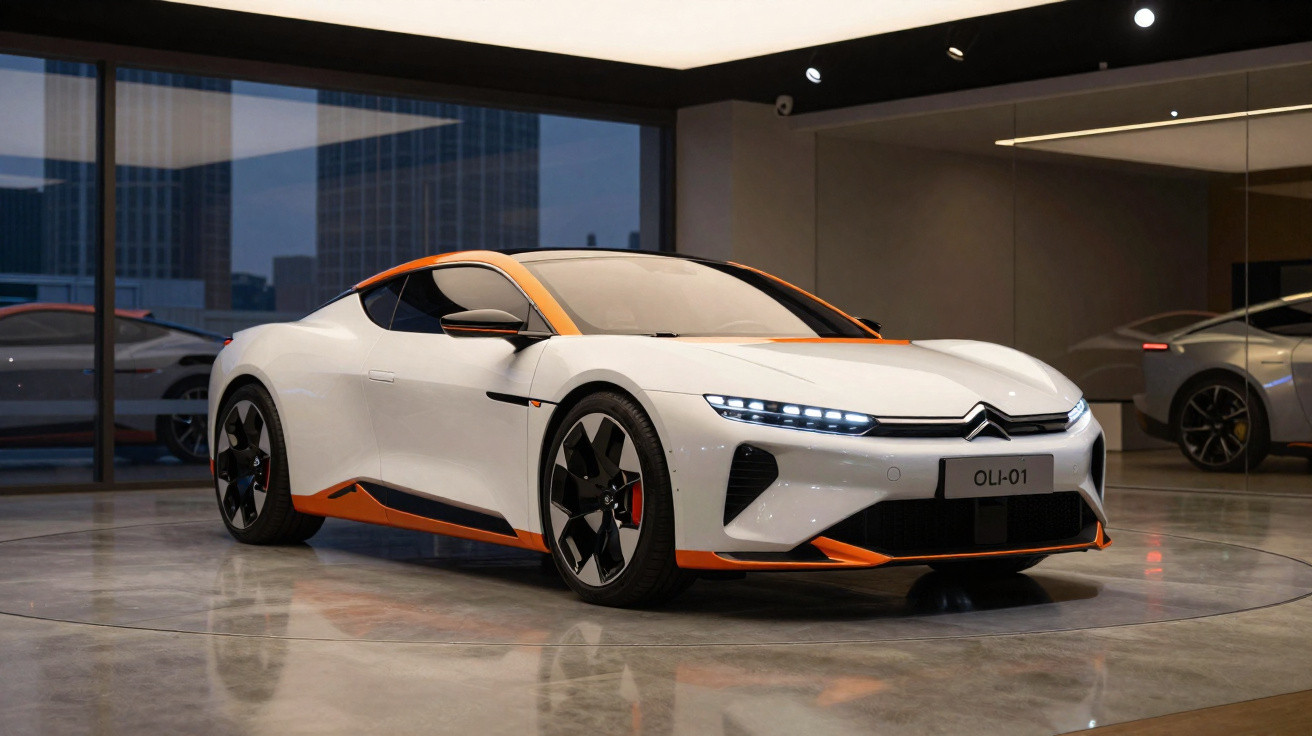 Carro esportivo branco com detalhes laranja em showroom moderno com piso refletivo.