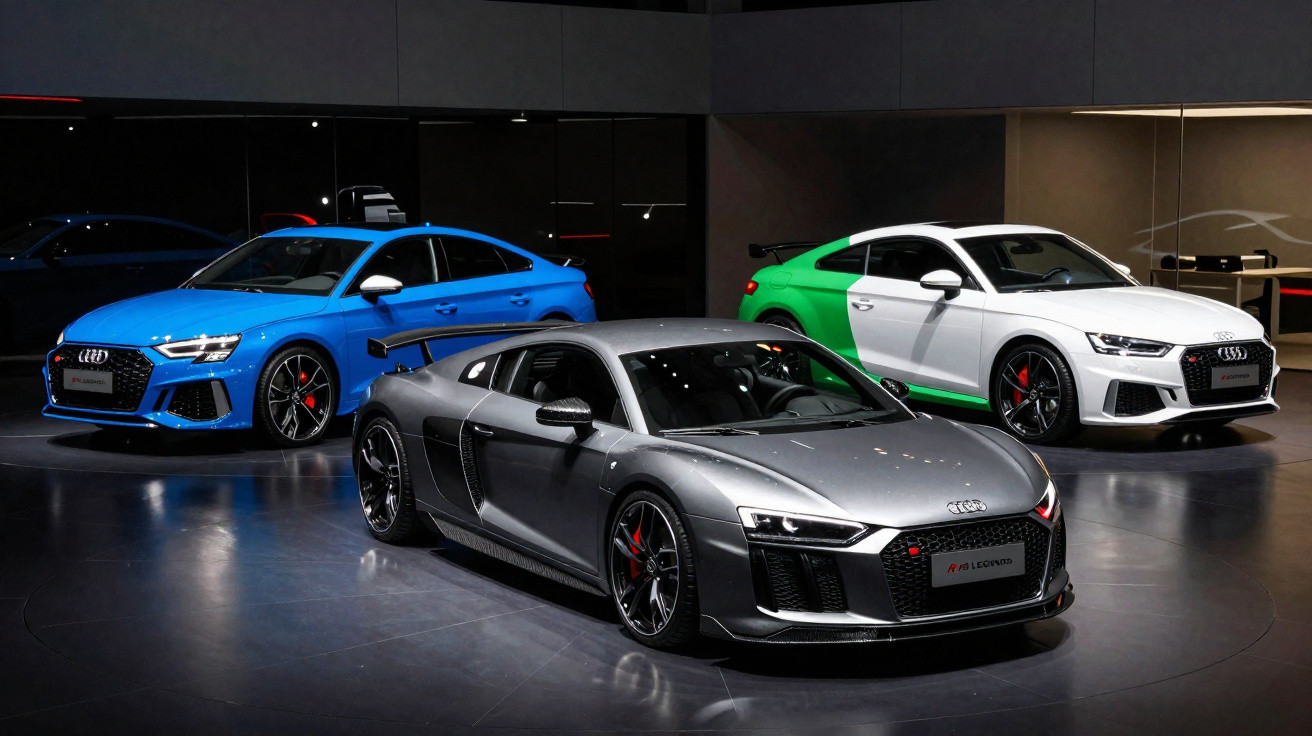 Três carros esportivos Audi R8 em showroom, nas cores cinza, azul e branco com detalhes verdes.