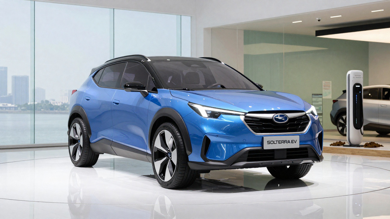 Carro elétrico azul Solterra EV exibido em showroom moderno com parede de vidro.