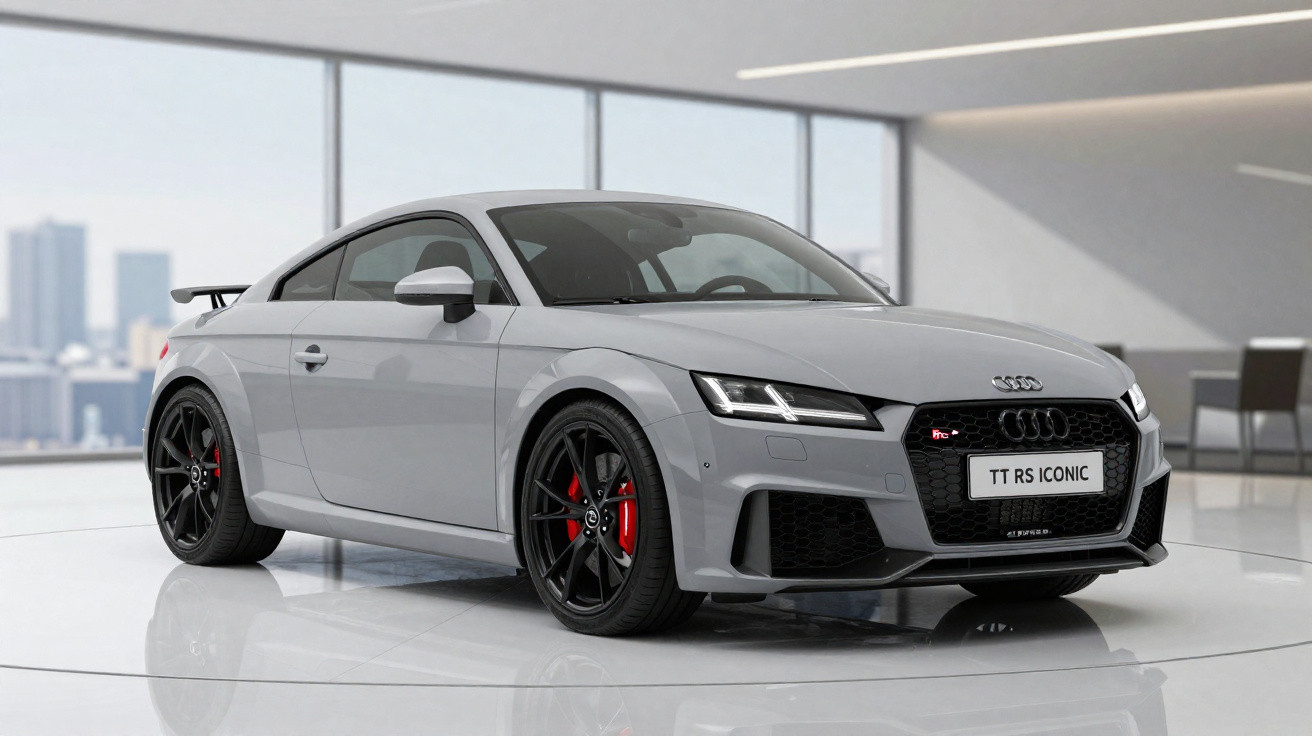 Carro esportivo Audi TT RS cinza estacionado em ambiente interno moderno com grande janela panorâmica.