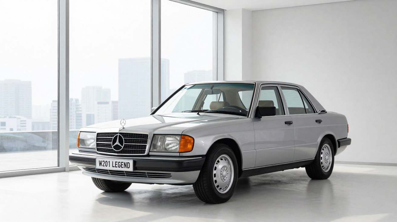 Mercedes-Benz W201 prata estacionado em ambiente interno com janelas de vidro e vista urbana ao fundo.