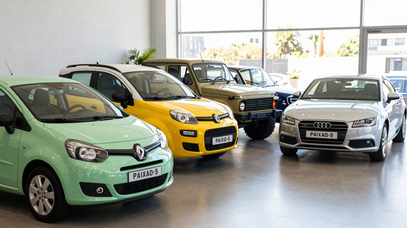Cinco carros estacionados lado a lado em showroom, com placas personalizadas "PAIXAO-5".