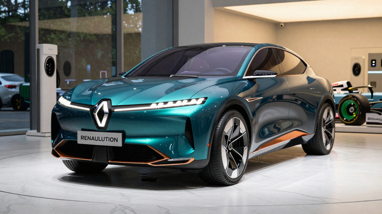 Carro elétrico Renault concept em tom verde azul, exibido em showroom moderno com chão branco polido.