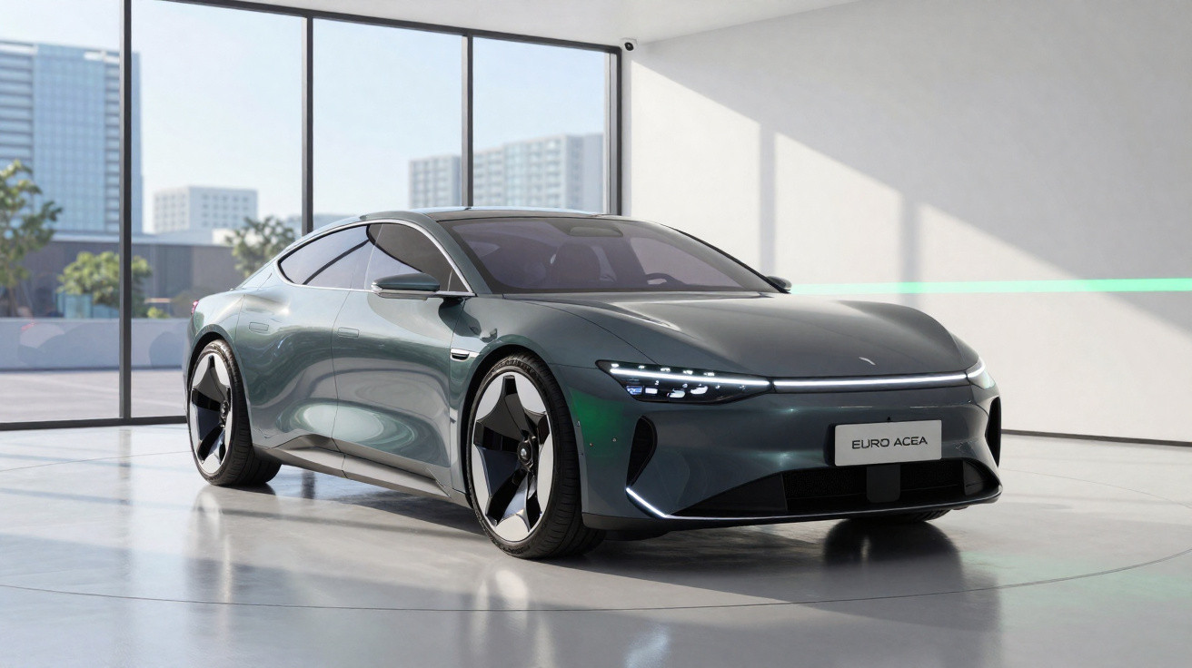 Carro elétrico cinza escuro estacionado em ambiente moderno com janelas grandes e iluminação natural.