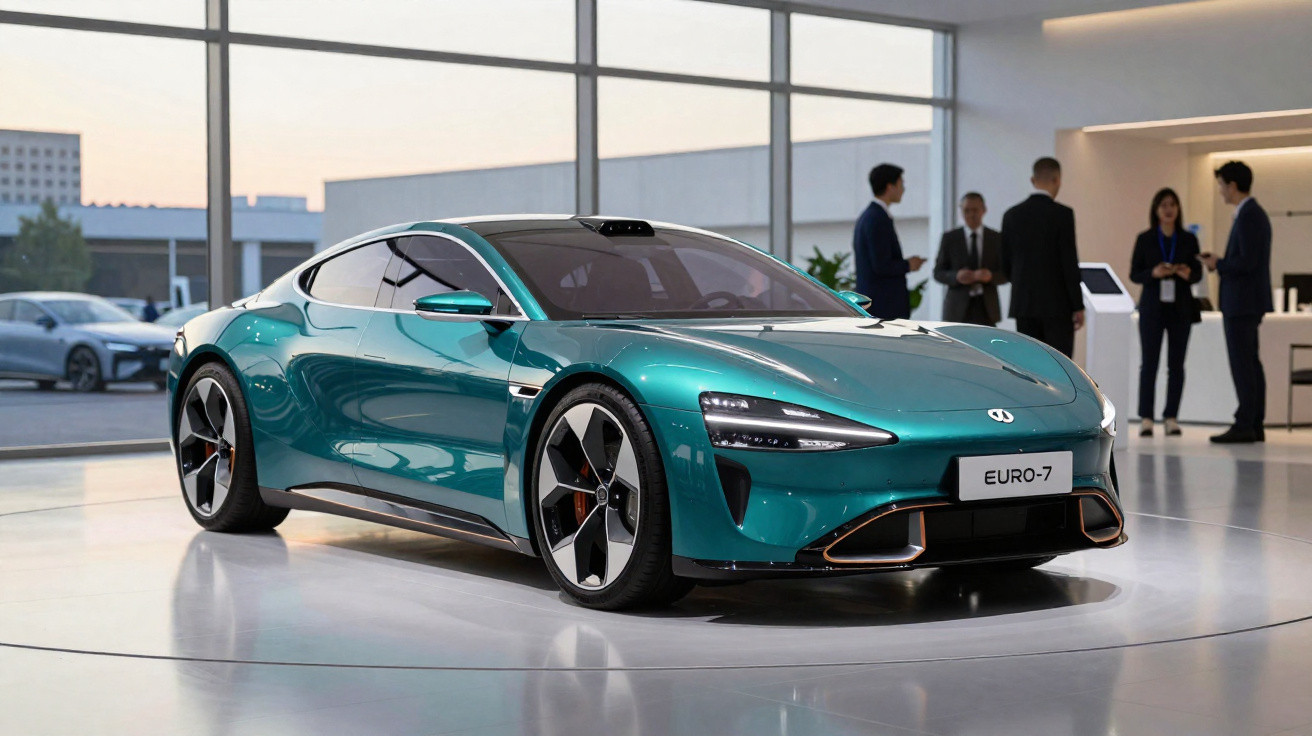 Carro esportivo elétrico verde em exposição com pessoas ao fundo em ambiente moderno.