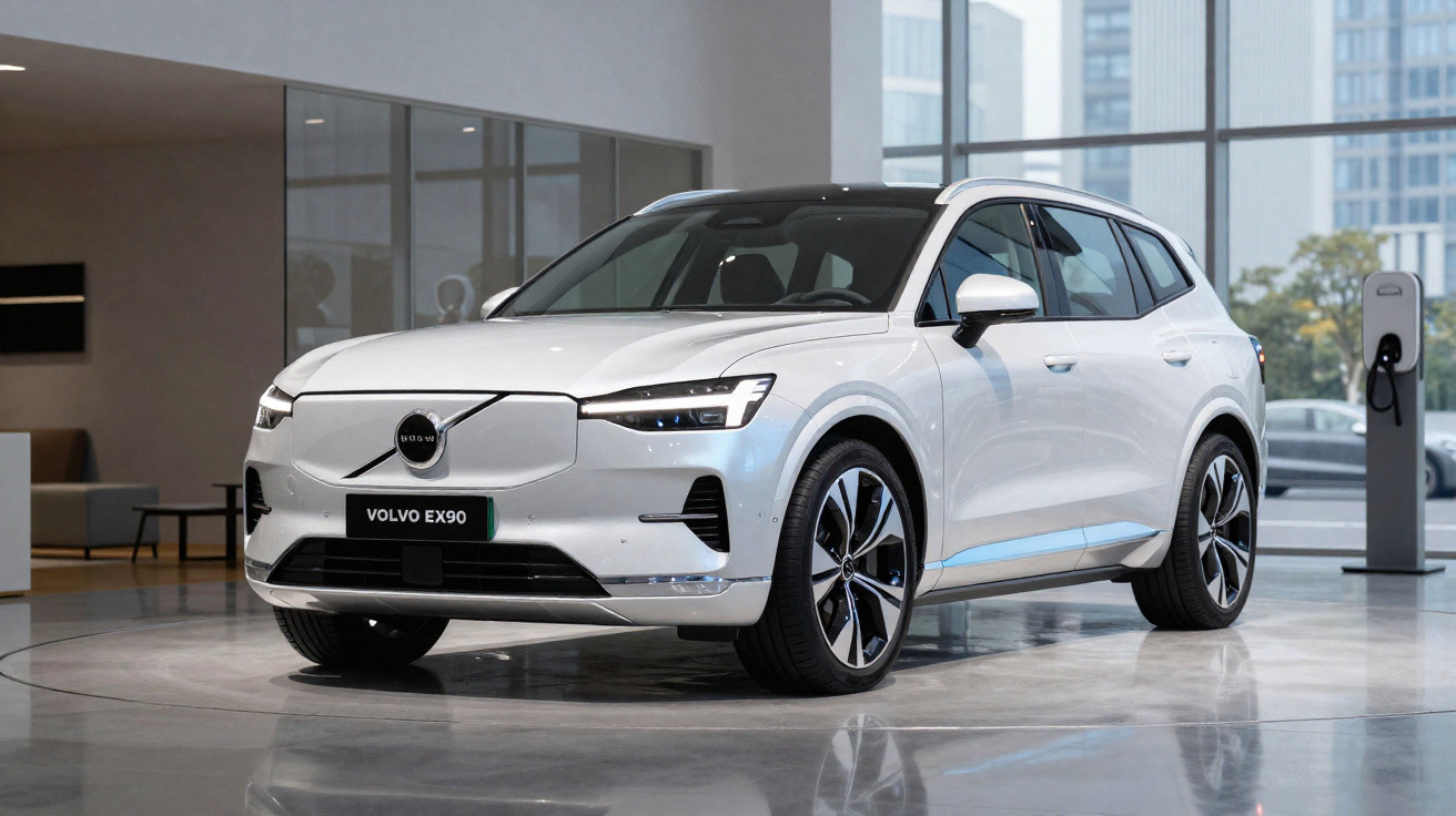 Carro elétrico Volvo EX90 branco em exibição em showroom moderno com janelas grandes ao fundo.