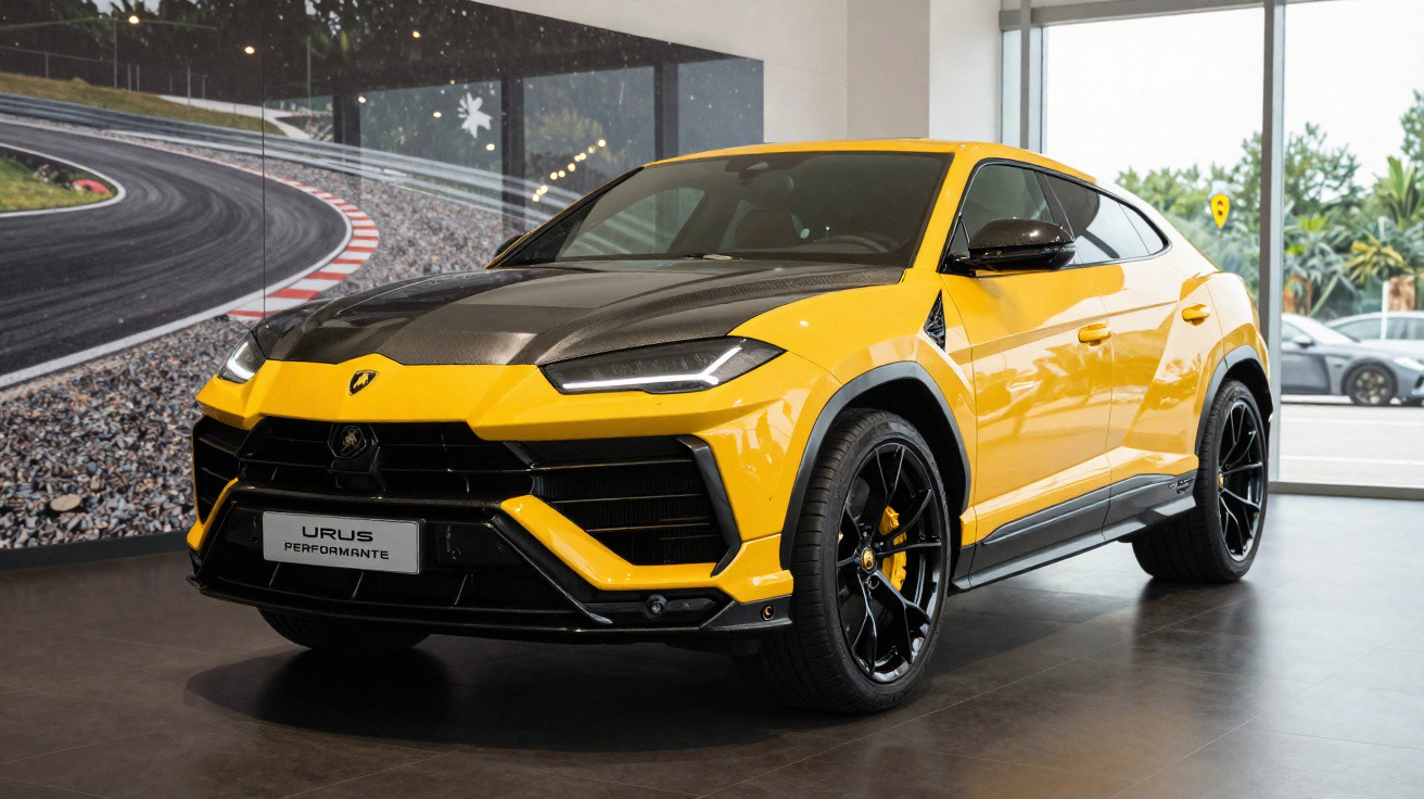 Carro Lamborghini Urus Performante amarelo e preto exibido em showroom moderno.