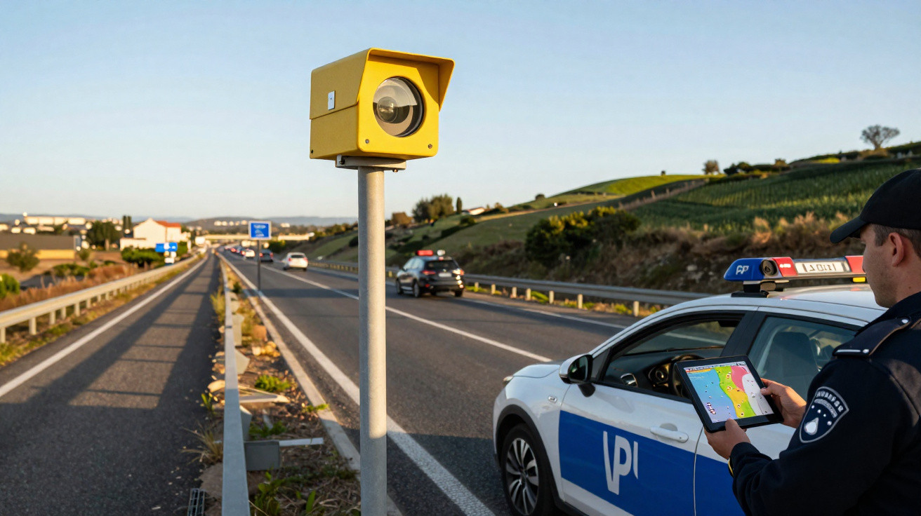 Radar amarelo de fiscalização na beira de estrada com policial e viatura em estacionamento ao lado da pista.